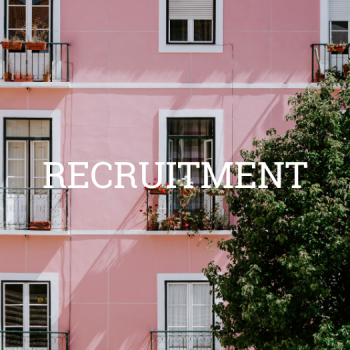 "Recruitment" text with pink apartment complex